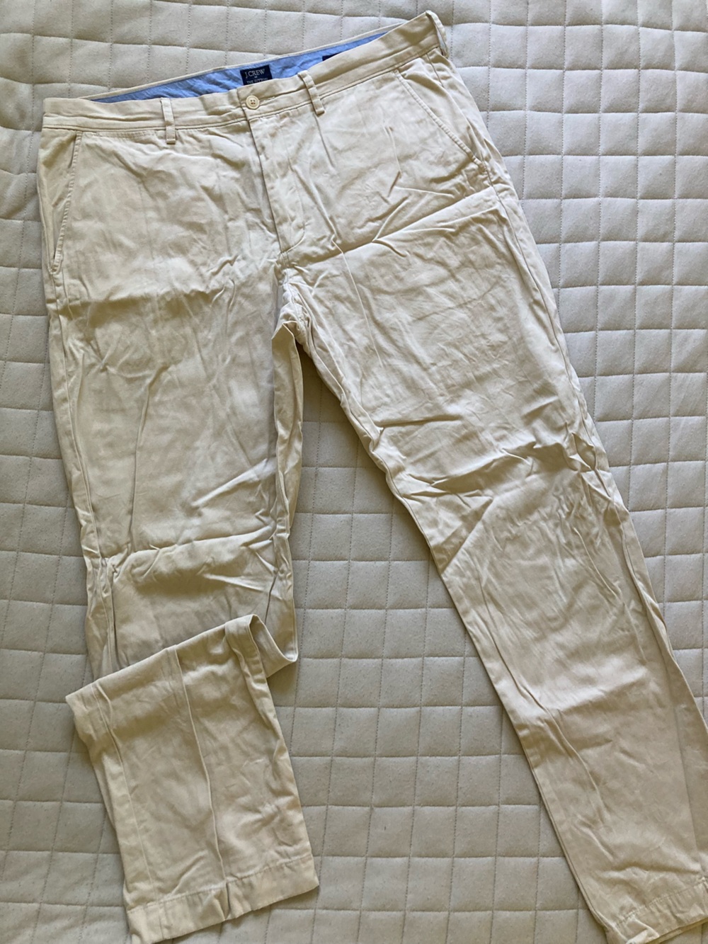 J. Crew Men’s Cream Summerweight Chino with Blue Waistband Detailing